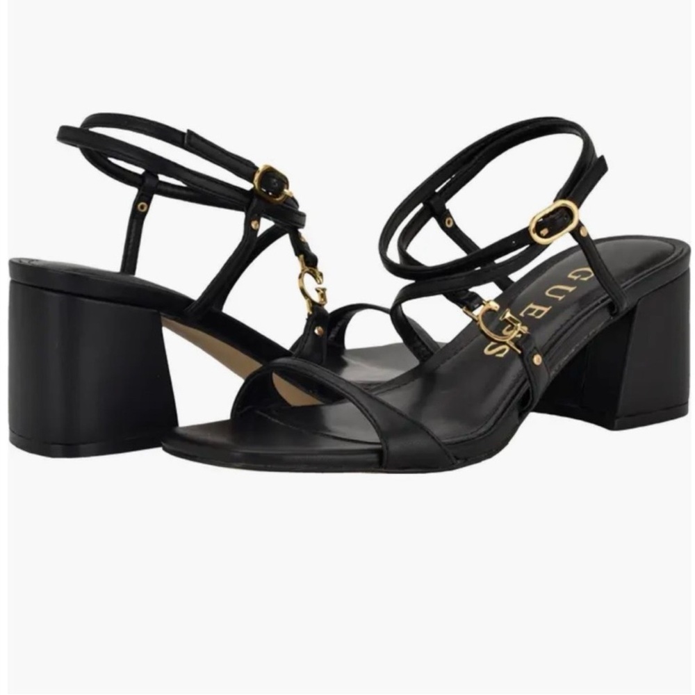 Guess Black Strappy Block Heel Sandals with Gold Hardware